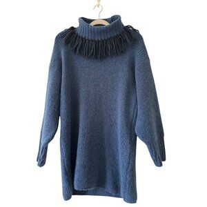 Something Navy Blue Wool Blend Fringe Turtle Neck Tunic Sweater Dress